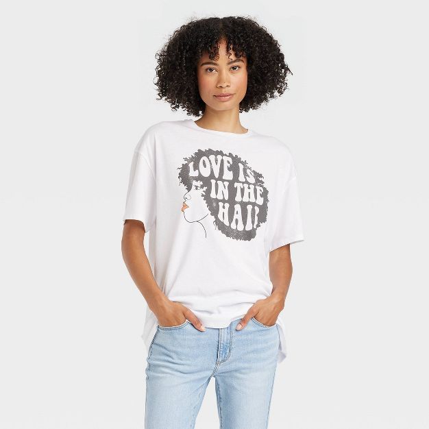 Women's Love Is In The Hair Short Sleeve Graphic T-Shirt - White | Target