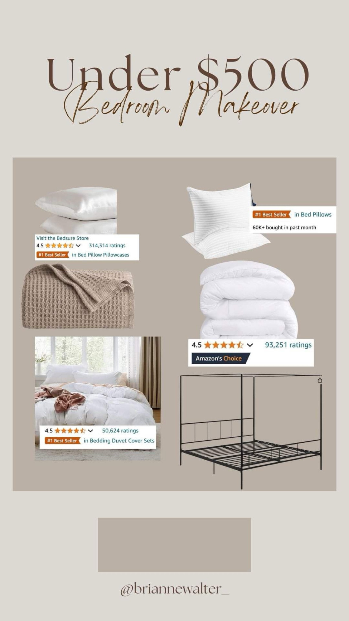 Under $500 affordable bedroom makeover

New bed, satin pillowcases, new pillows, viral Beckham pillow, black canopy bed, duvet cover and insert, neutral primary bedroom inspiration, boujee on a budget, organic modern, olive tree, citrus tree, neutral, affordable bedroom, Amazon prime 


#LTKHome #LTKFindsUnder50 #LTKSaleAlert