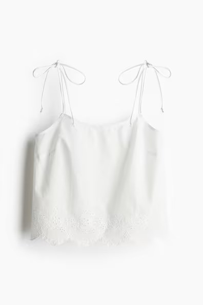 H & M - Embroidered Top with Tie Shoulder Straps - White | H&M (US + CA)