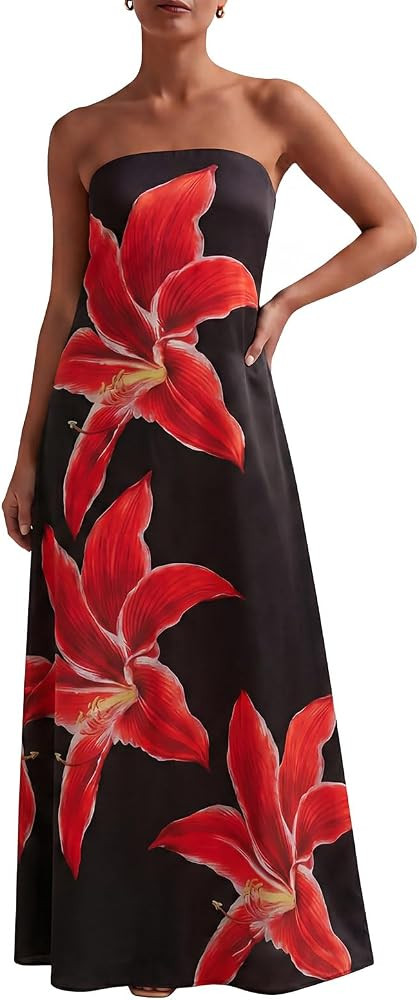 Zwirelz Women Strapless Maxi Dress Boho Floral Print Flowy Long Tube Dress Off Shoulder Loose Bea... | Amazon (US)
