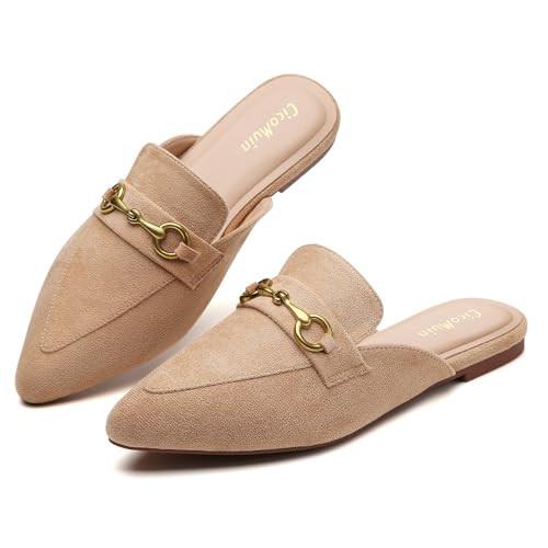 CicoMuin Buckle Mules for Women Khaki Pointed Toe Backless Flat Mules Slip on Slides Loafer Shoes Suede Khaki 9.5 | Amazon (US)