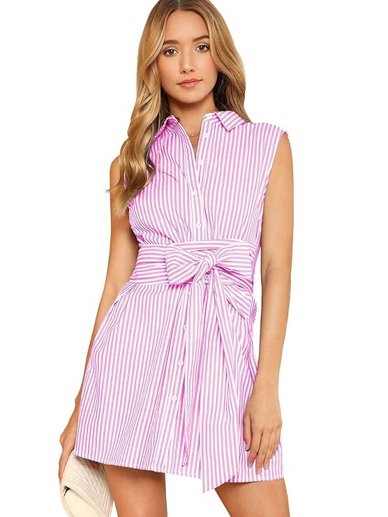 Romwe Women's Cute Striped Belted Button up Collar Summer Short Shirt Dress | Amazon (US)