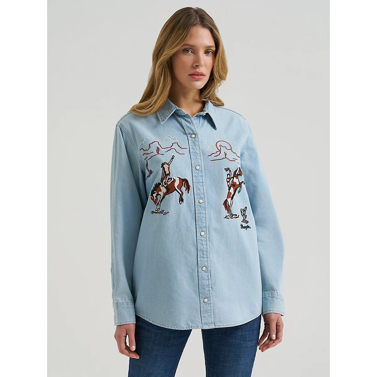 Women's Embroidered Boyfriend Western Snap Denim Shirt in Denim Blue | Wrangler