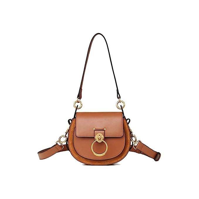 Lozoco Women's Genuine Leather Contrast Color Circular Ring Saddle Bag Vintage Handbag | Amazon (US)