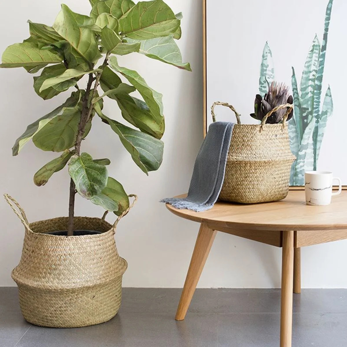 2Pack Natural Plush Woven Seagrass Tote Belly Storage Basket Bins for Laundry Picnic Plant Pot Co... | Walmart (US)