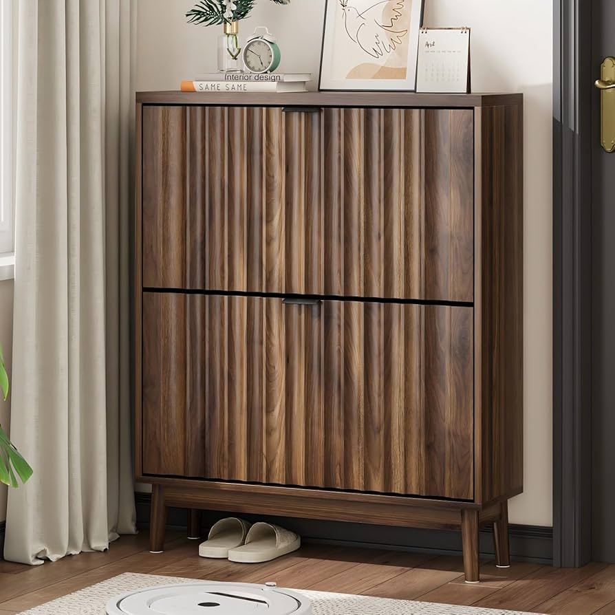 Shoe Storage Cabinet with 2 Flip Drawers, Walnut Fluted Narrow for Entryway, Slim Shoe Rack Cabin... | Amazon (US)