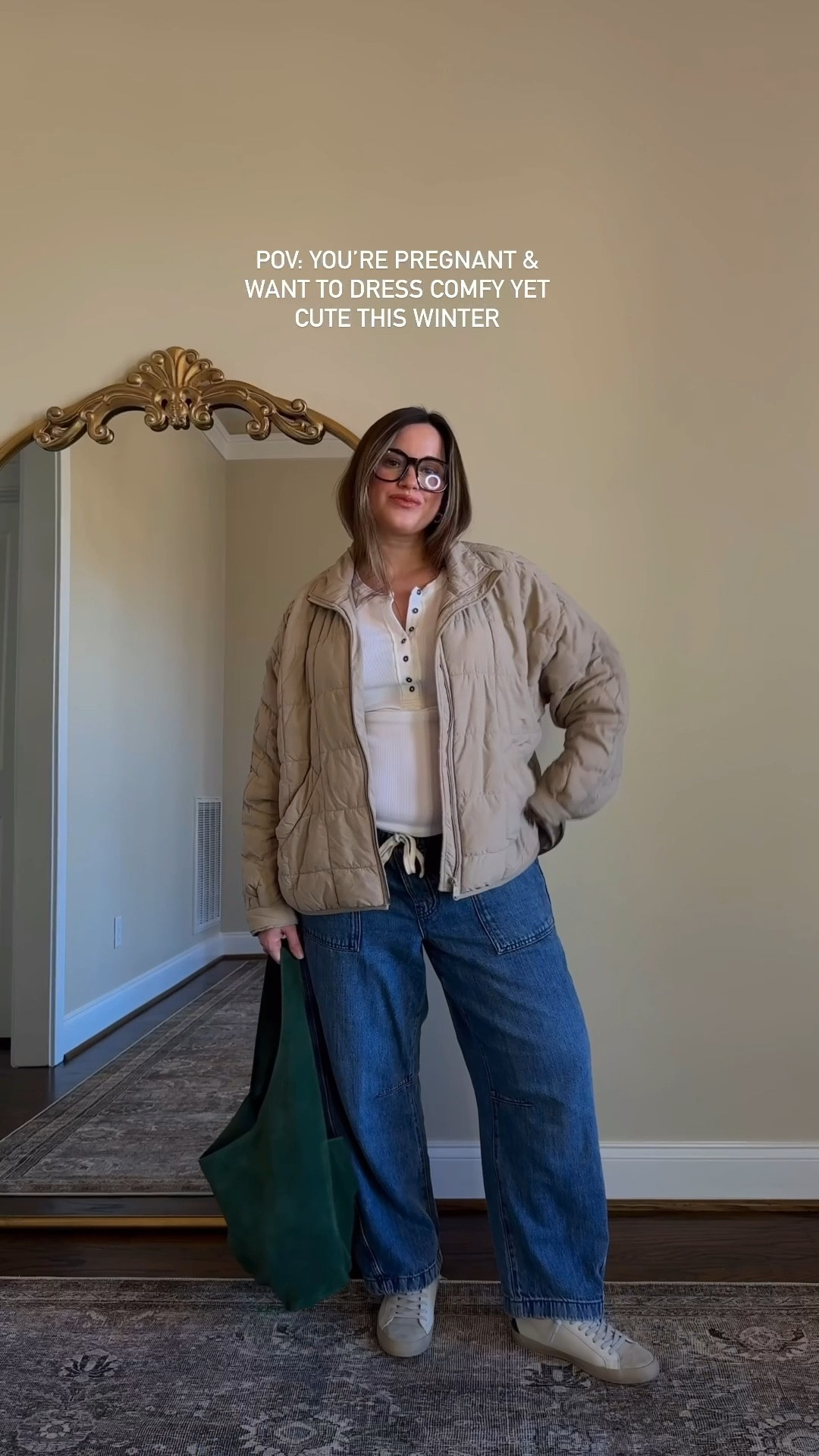 Casual outfit idea for my fellow pregnant girlies, also would wear this not pregnant! 
 Sized up to a large in the top
Jeans are a size large, tts
Jacket- size medium 

#LTKSeasonal #LTKootd #LTKSaleAlert