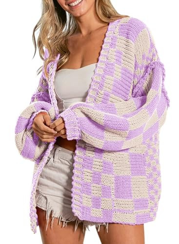 SELINK Women's Cardigan Sweater Vintage Purple Beige Open Front Mixed Checkered Pattern Chunky Knit Plaid Long Sleeve Daily Outwear M | Amazon (US)