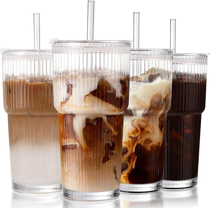 Iced Coffee Cups with Lids: Coffee Bar Accessories - Ribbed Glass Tumbler with Straw and Lid 4Pcs... | Amazon (US)