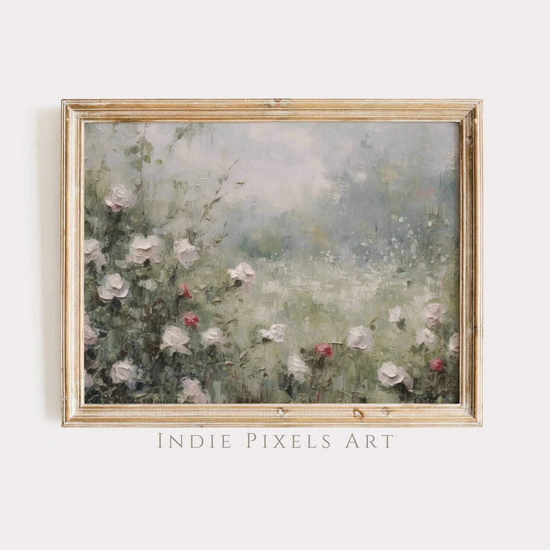 Muted Green Painting Artful Floral Landscape Farmhouse Decor Summer Field Landscape Printable Art... | Etsy (US)