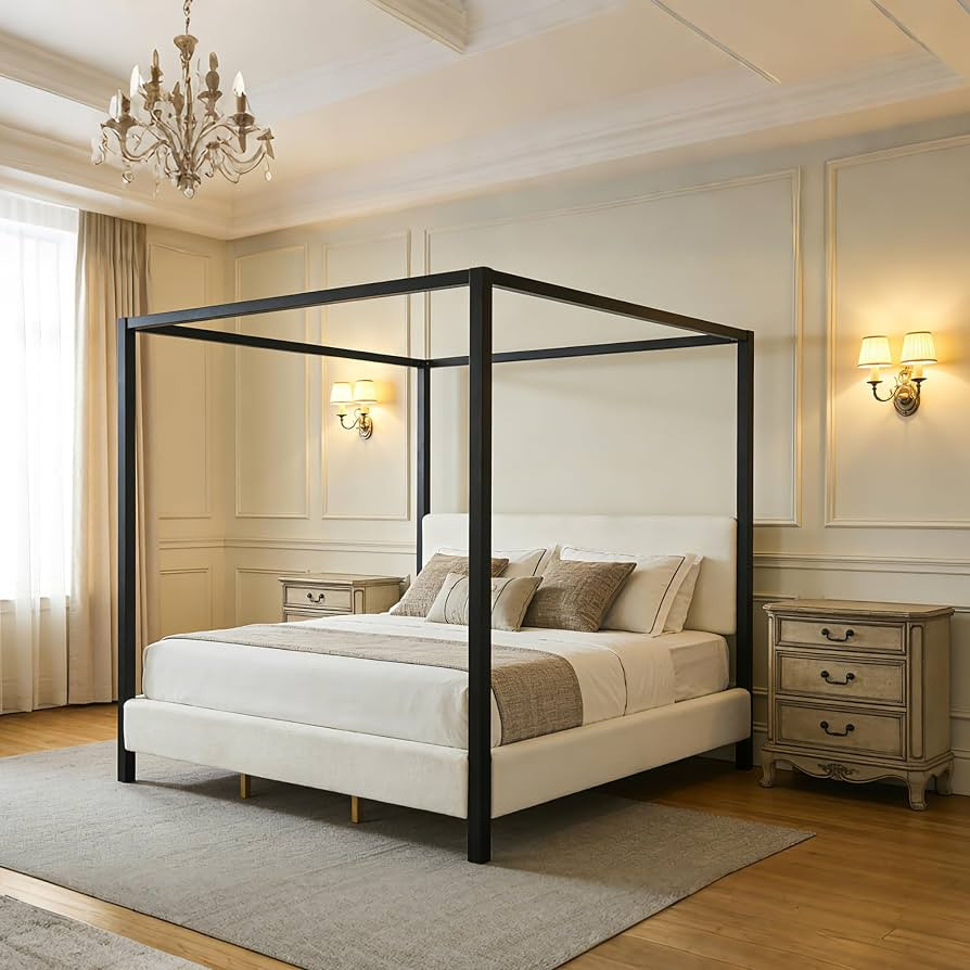 Merax King Canopy Bed with Black Metal Frame and Plush White Boucl\u00e9 Upholstery, Modern Four-... | Amazon (US)