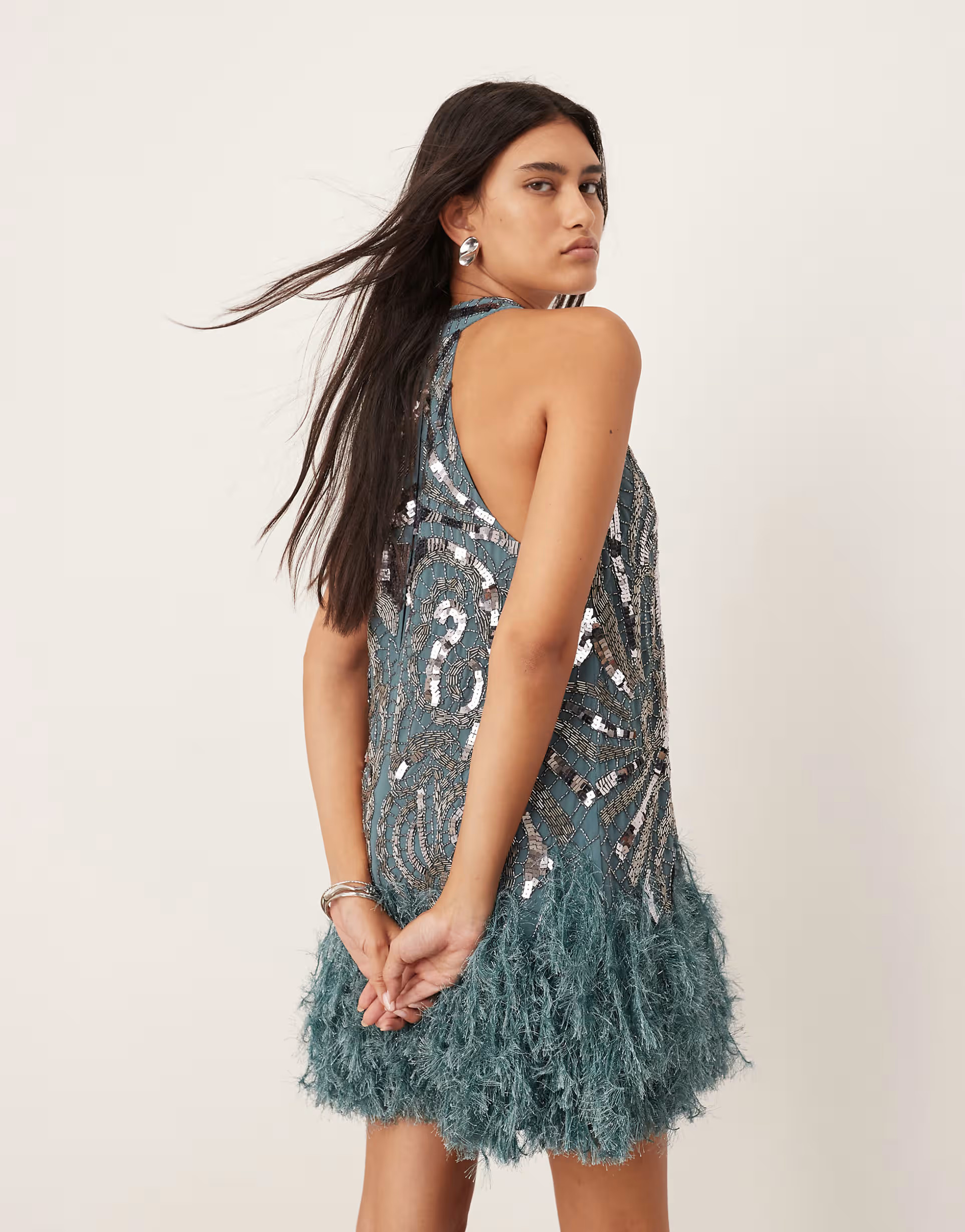 ASOS EDITION embellished plunge neck mini dress with faux feather hem in blue | ASOS (Global)