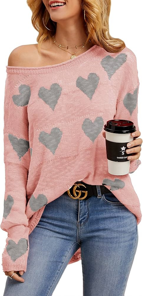 Chang Yun Women Off Shoulder Knitted Pullovers Sweater Loose Long Sleeve Hearts Printed Ripped Tops | Amazon (US)