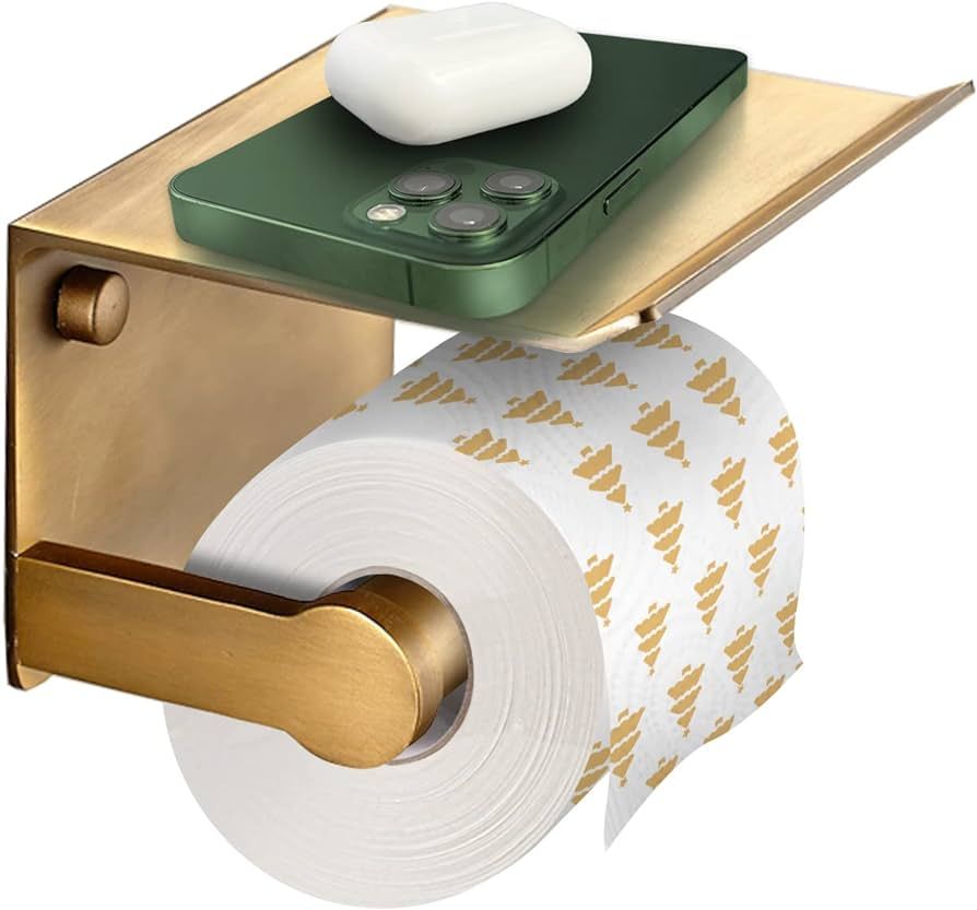 LuDoDo Gold Toilet Paper Holder with Phone Shelf,Toilet Paper Roll Holder with Storage Shelf,Wall... | Amazon (US)