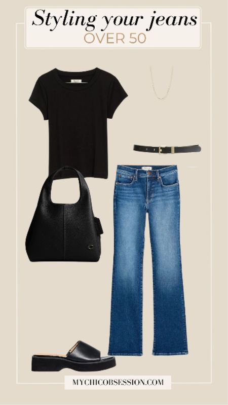 Kick off this look with these full-length jeans that flare out at the bottom. Pair your blue jeans with this simple black t-shirt for a sleek and flattering foundation. Accessorize with a skinny black leather belt and a large leather shoulder bag that keeps you organized and prepared.

#LTKstyletip #LTKSeasonal #LTKover40