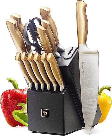 Gold Knife Set with Block - 14 Piece Premium Kitchen Knife Set with Sharpener includes Full Tang ... | Amazon (US)