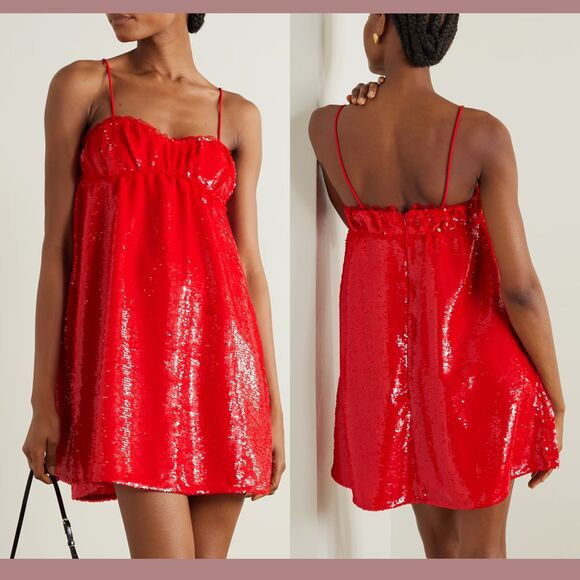 NWT $575 GANNI [ 36 EU ] Ruched Sequined Tulle Mini Dress in Red #J9 | Poshmark