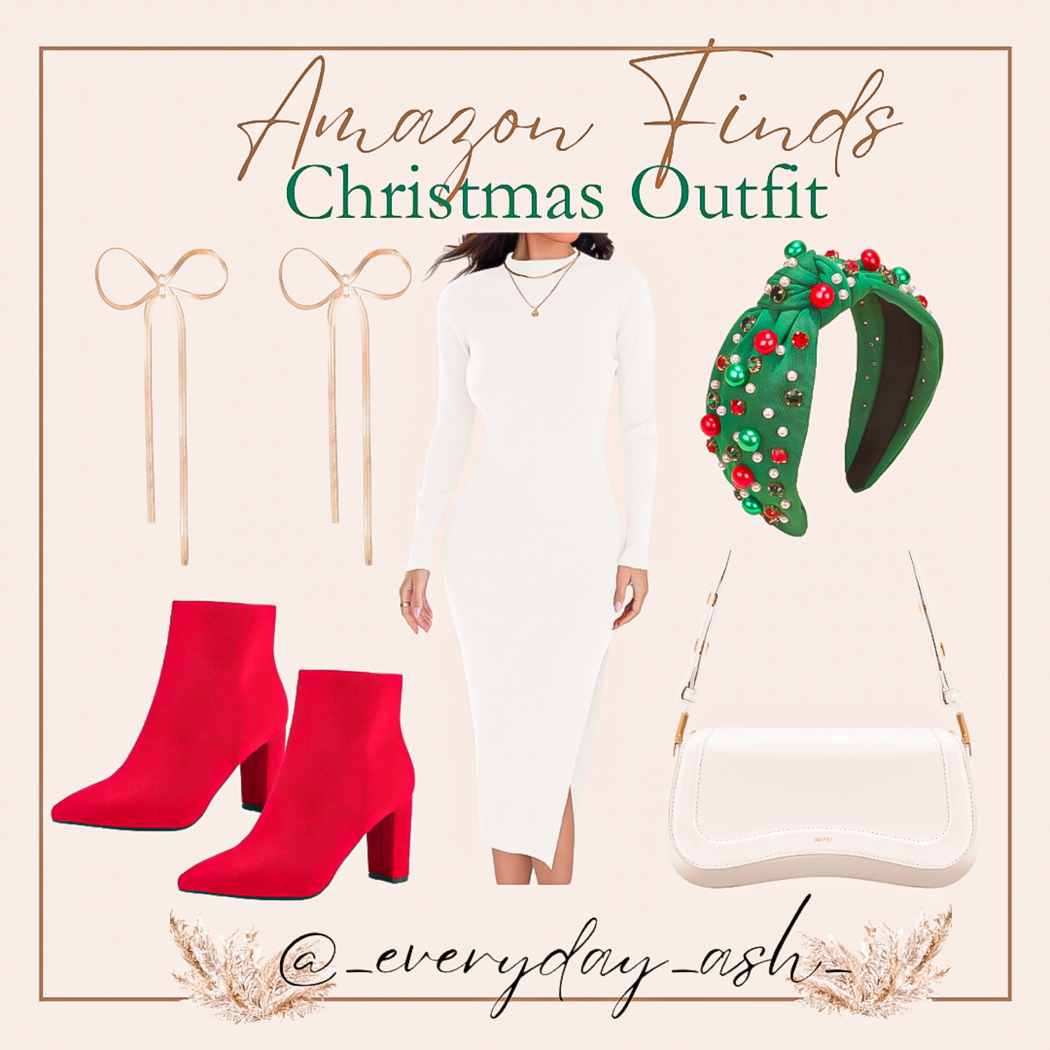 Amazon finds -
Christmas outfit ❤️🎄

White sweater dress, red booties, gold bow earrings, Christmas headband, white purse 

#LTKStyleTip #LTKHoliday #LTKGiftGuide