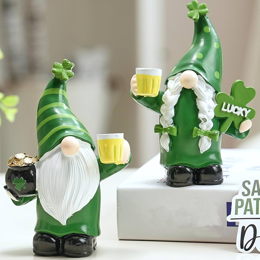 St Patrick's Day Gnomes Decor, 2Pcs Resin Leprechaun Figurines with Pot of Gold, Shamrock for Man... | Amazon (US)