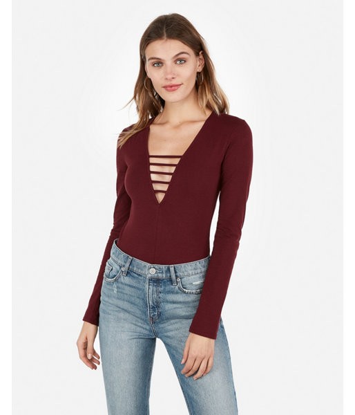 Express Womens Petite Express One Eleven Strappy V-Neck Thong Bodysuit Purple Women's Xxs Petite Purple Xxs Petite | Express