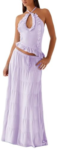 Yiulangde Y2k Ruffle Long Skirt Sets for Women 2 Piece Outfits Purple Two Piece Ruched Backless Cami Top Matching Boho Tiered Maxi Skirt Set | Amazon (US)