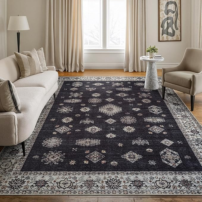 Bloom Rugs Washable Non-Slip 6' x 9' Rug - Black/Ivory Traditional Area Rug for Living Room, Bedr... | Amazon (US)