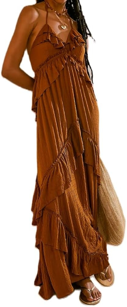 NUFIWI Sexy V Neck Backless Asymmetrical Ruffle Maxi Dress Halter Neck Sleeveless Long Dress Cuto... | Amazon (US)