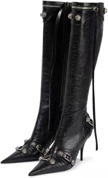 Botas altas hasta la rodilla para mujer, punta puntiaguda, tacón de aguja, cremallera, botas lar... | Amazon (US)