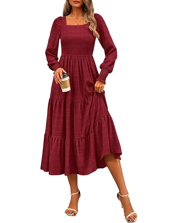 CFLONGE Women's Fall Dresses 2025 Puff Long Sleeve Square Neck Dress High Waist Smocked A-Line Fl... | Amazon (US)
