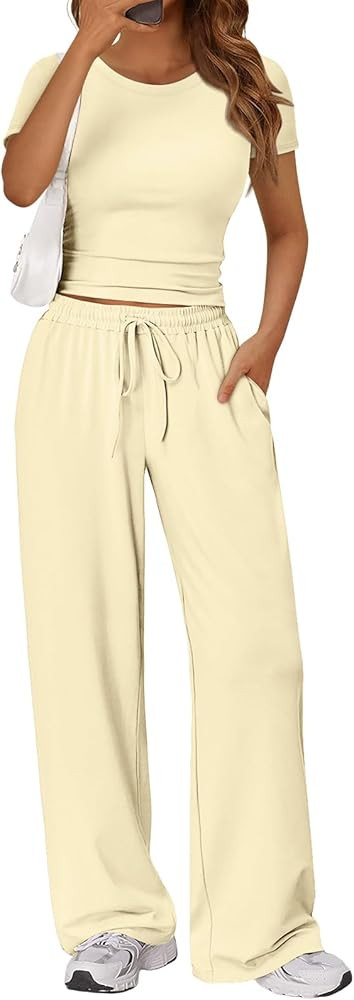 Trendy Queen 2 Piece Matching Summer Lounge Set Womens Side Ruching Top Wide Leg Pants Sets with ... | Amazon (US)