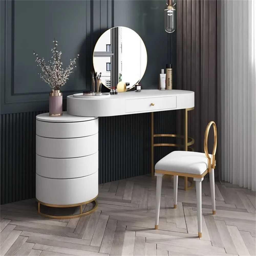 White Makeup Vanity Dressing Table with Swivel Cabinet Mirror & Stool Included-Homary | Homary.com