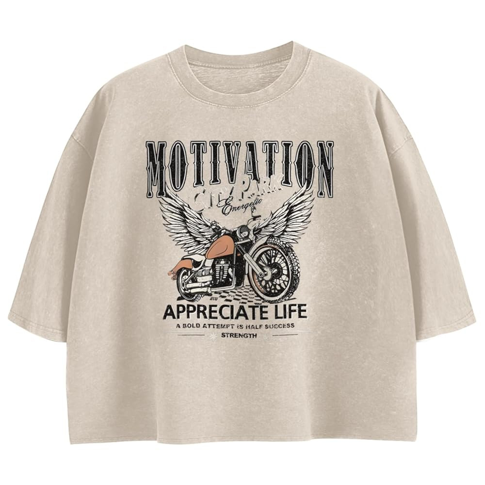 Motorcycle Cropped Graphic Vintage Tees for Women Y2k Aesthetic Baggy Crop Top Acid Wash Motivati... | Amazon (US)