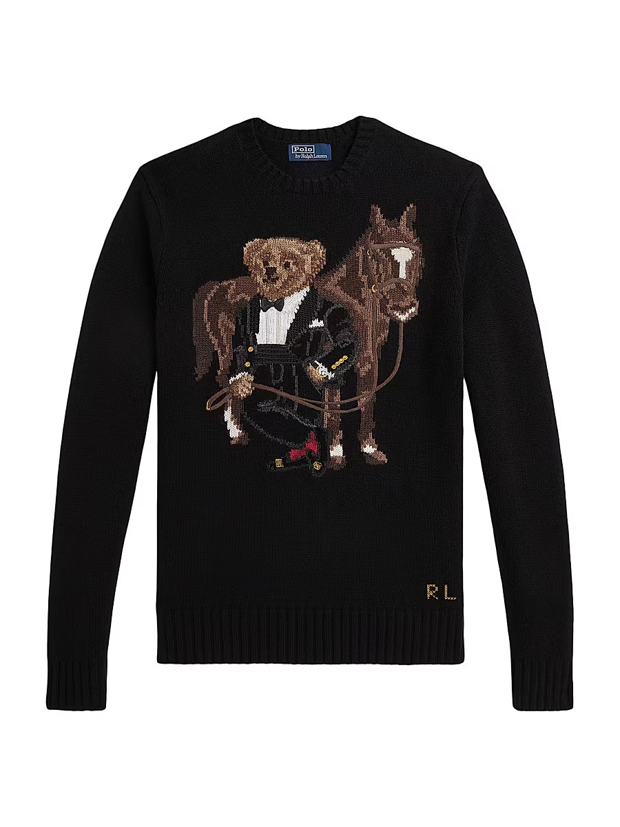 Men's Polo Bear Horse Wool Crewneck Sweater - Polo Black - Size Large | Saks Fifth Avenue