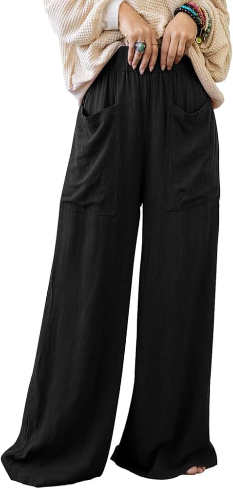 Acelitt Womens Casual Lightweight Elastic Waist Wide Leg Pants with Pockets, S-2XL | Amazon (US)