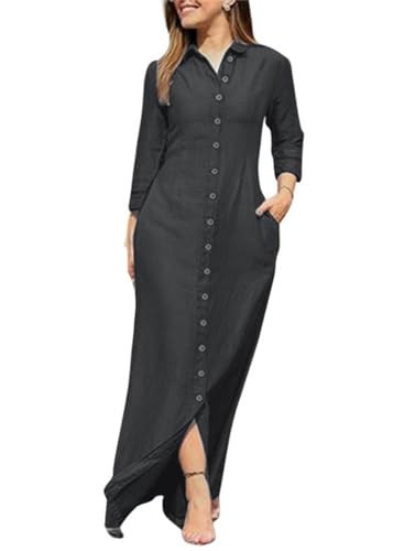 utcoco Womens Casual Button Down Denim Maxi Dress Lapel Long Sleeve Long Jean Dresses with Pockets (X-Large, Black) | Amazon (US)