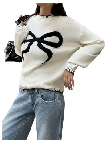 BEAUDRM Women's Bow Graphic Knitted Sweater Crew Neck Long Sleeve Colorblock Pullover Knitwear Beige Small | Amazon (US)