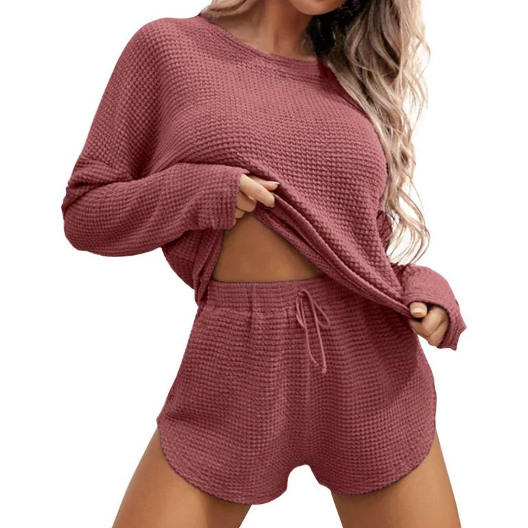 Fantaslook Pajamas Sets for Women Waffle Knit Lounge Sets Long Sleeve Top and Shorts Outfits Loun... | Walmart (US)