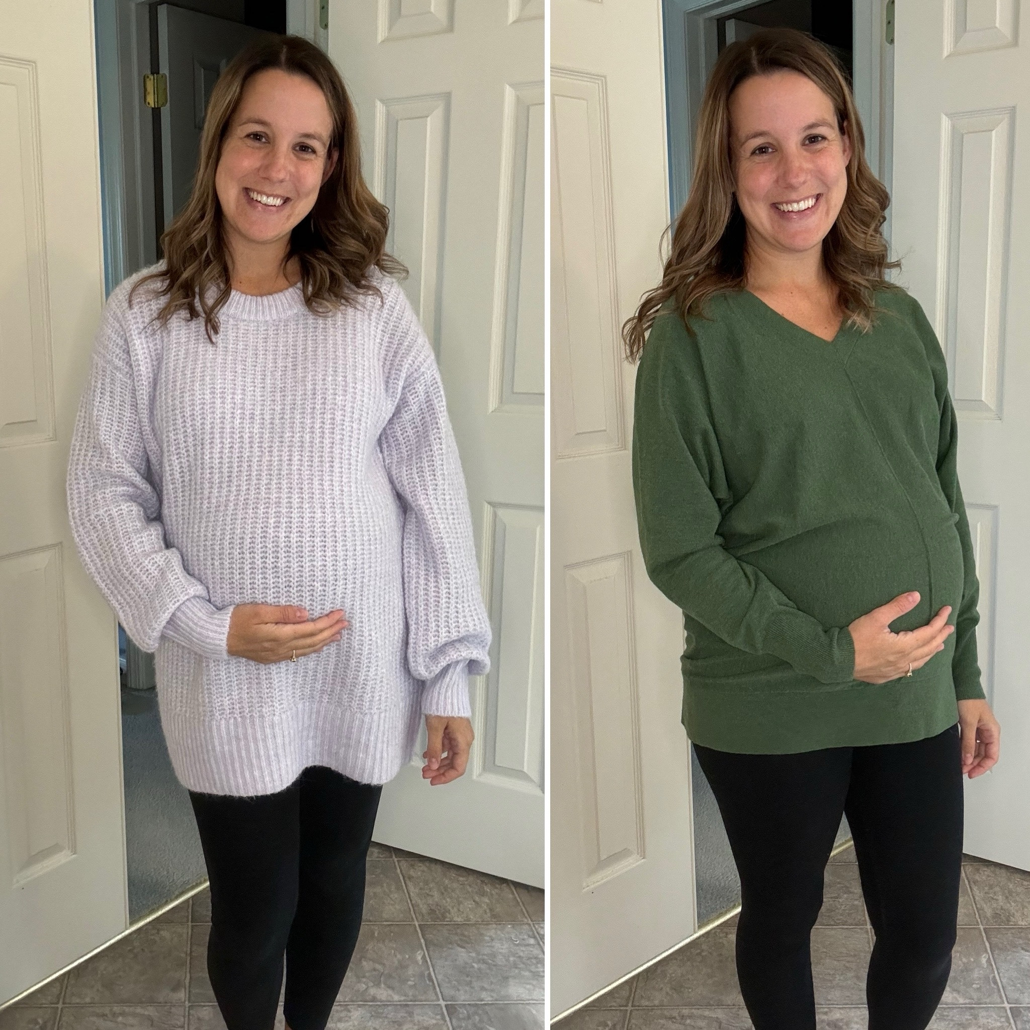 2 comfy Maternity sweaters from Target. Wearing a Medium in both at 29 weeks pregnant, but could have went with a Small for a more fitted look. Both have lots of room &
lots of stretch! #LTKbump