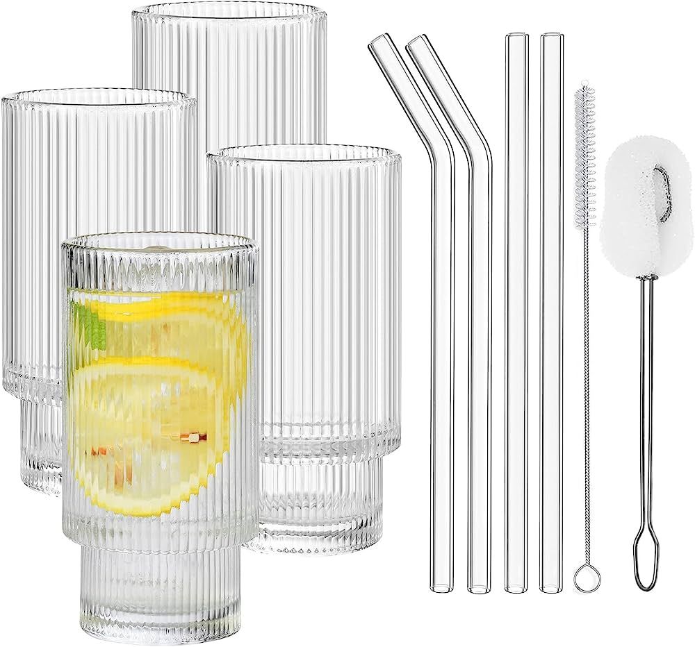 ALINK Cocktail Gläser 4er Set, Bier Glas, Can Longdrinkglas, Eiskaffee Gläser mit Strohhalm,2 R... | Amazon (DE)