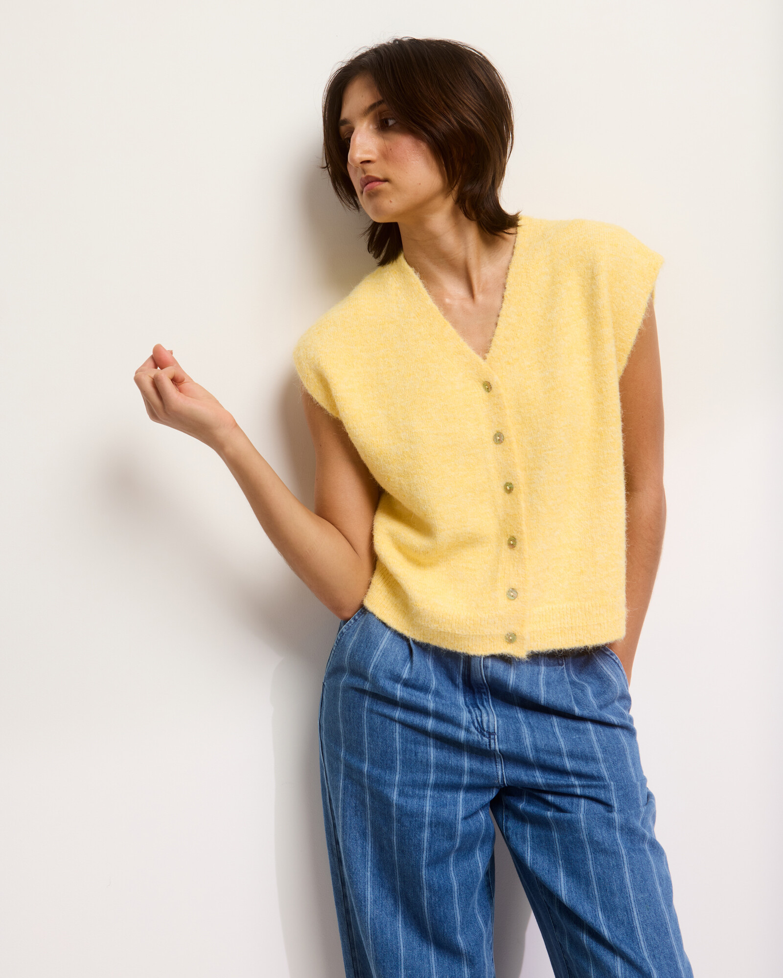 Yellow Button Up Fluffy Knitted Waistcoat, size 12 | Oliver Bonas (Global)