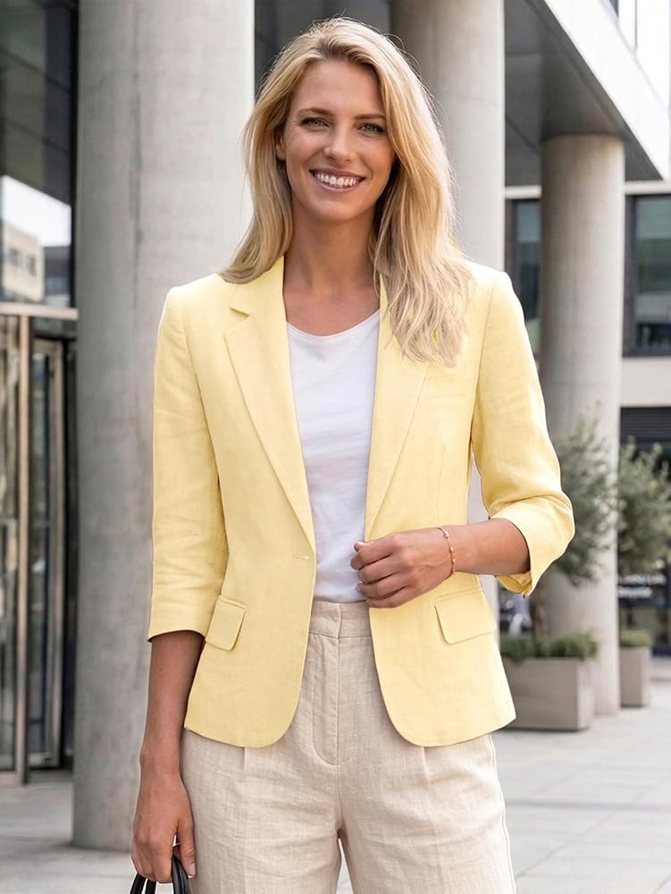 Mina Self 2026 Women's Summer 3/4 Sleeve Linen Blazer - Lightweight Breathable Fully-Lined Slim O... | Amazon (US)