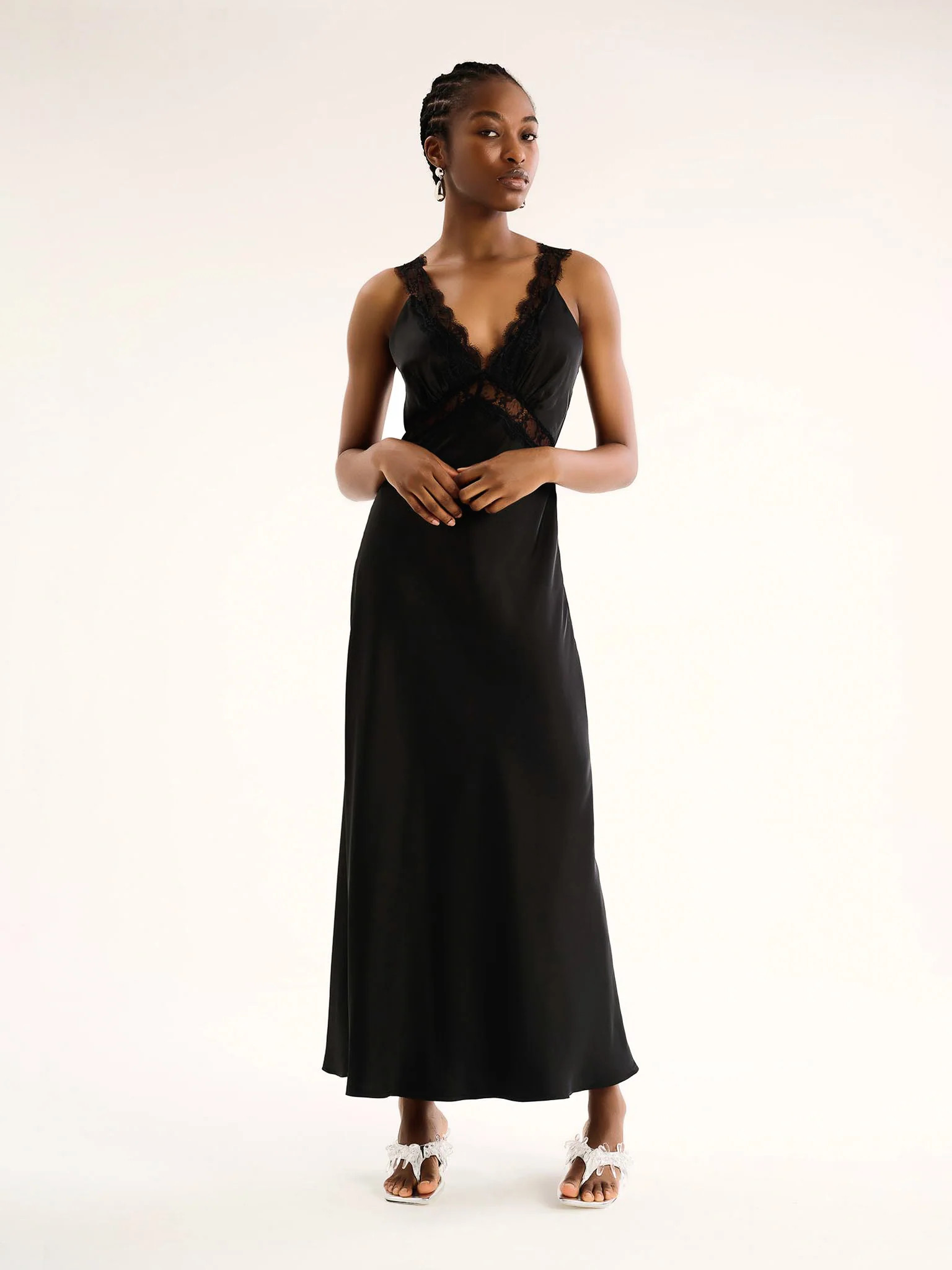 Aurelia Lace Trim Maxi Dress in Black | OMNES UK