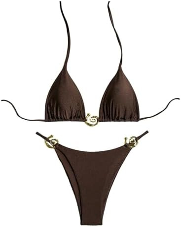 Milumia Women's Two Piece Triangle Halter Swimsuit Metal Decor Cheeky Thong Bikini Set | Amazon (US)