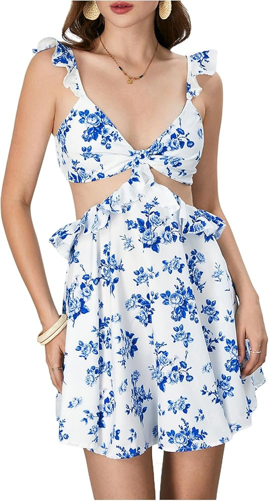 MakeMeChic Women's Floral Print Ruffle Mini Dress Sleeveless Shirred A Line Dresses | Amazon (US)
