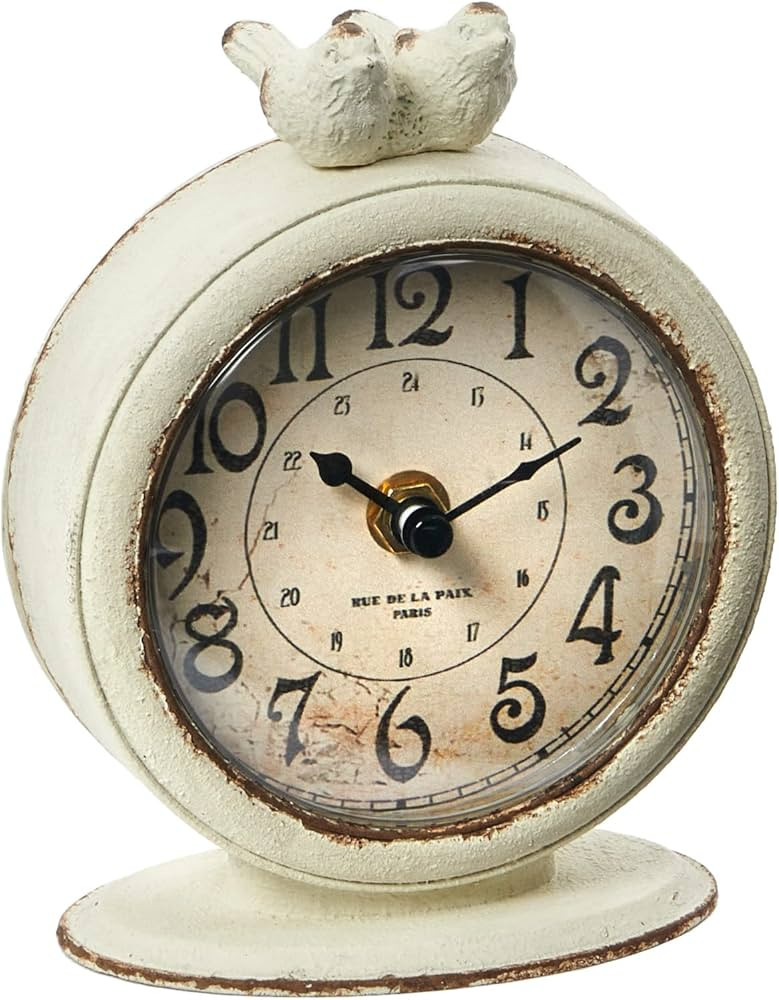Creative Co-Op Vintage Pewter Mantel Clock with Birds, Distressed Cream | Amazon (US)