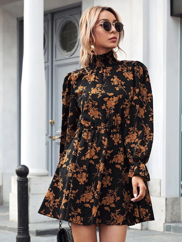 SHEIN Clasi Shirred High Neck Flounce Sleeve Floral Dress | SHEIN