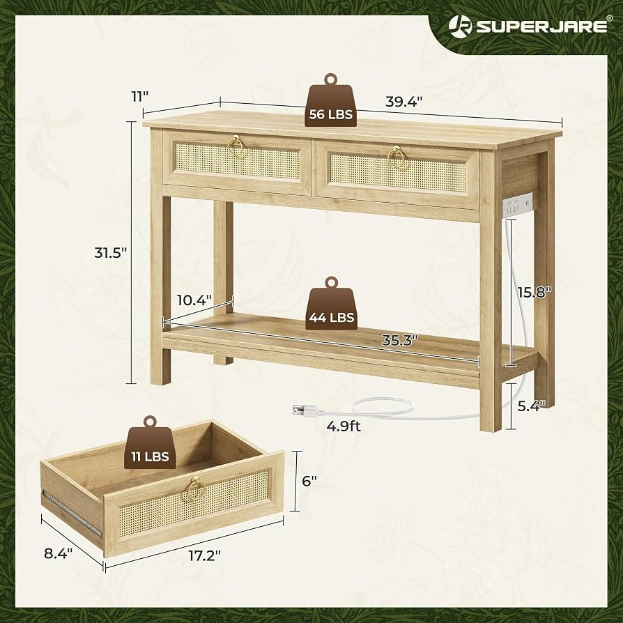 SUPERJARE Rattan Console Sofa Table with Outlets, USB-C Port and 3 Drawers | Amazon (US)