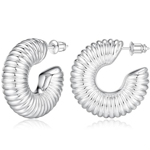 Chunky Silver Hoop Earrings - Hypoallergenic, Lightweight, Trendy Medium Big Hoops for Women | Amazon (US)