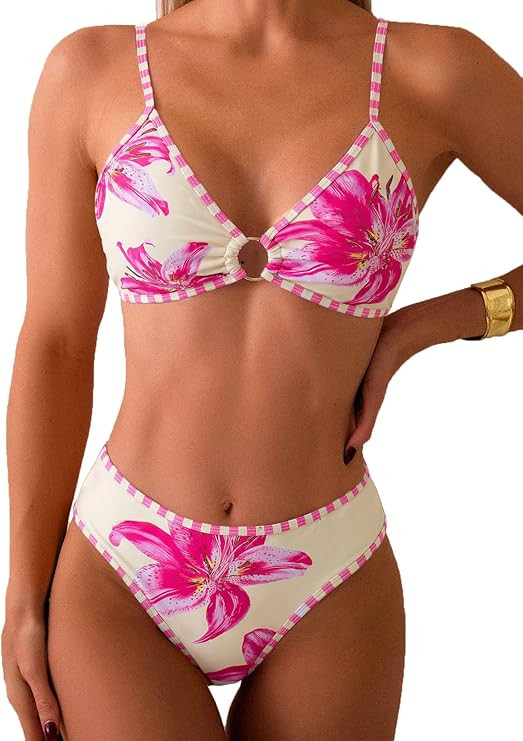 Women's Two Piece Bikini Sets O Ring Front Top Ditsy Floral Triangle Swimsuits Cheeky Bathing Sui... | Amazon (US)