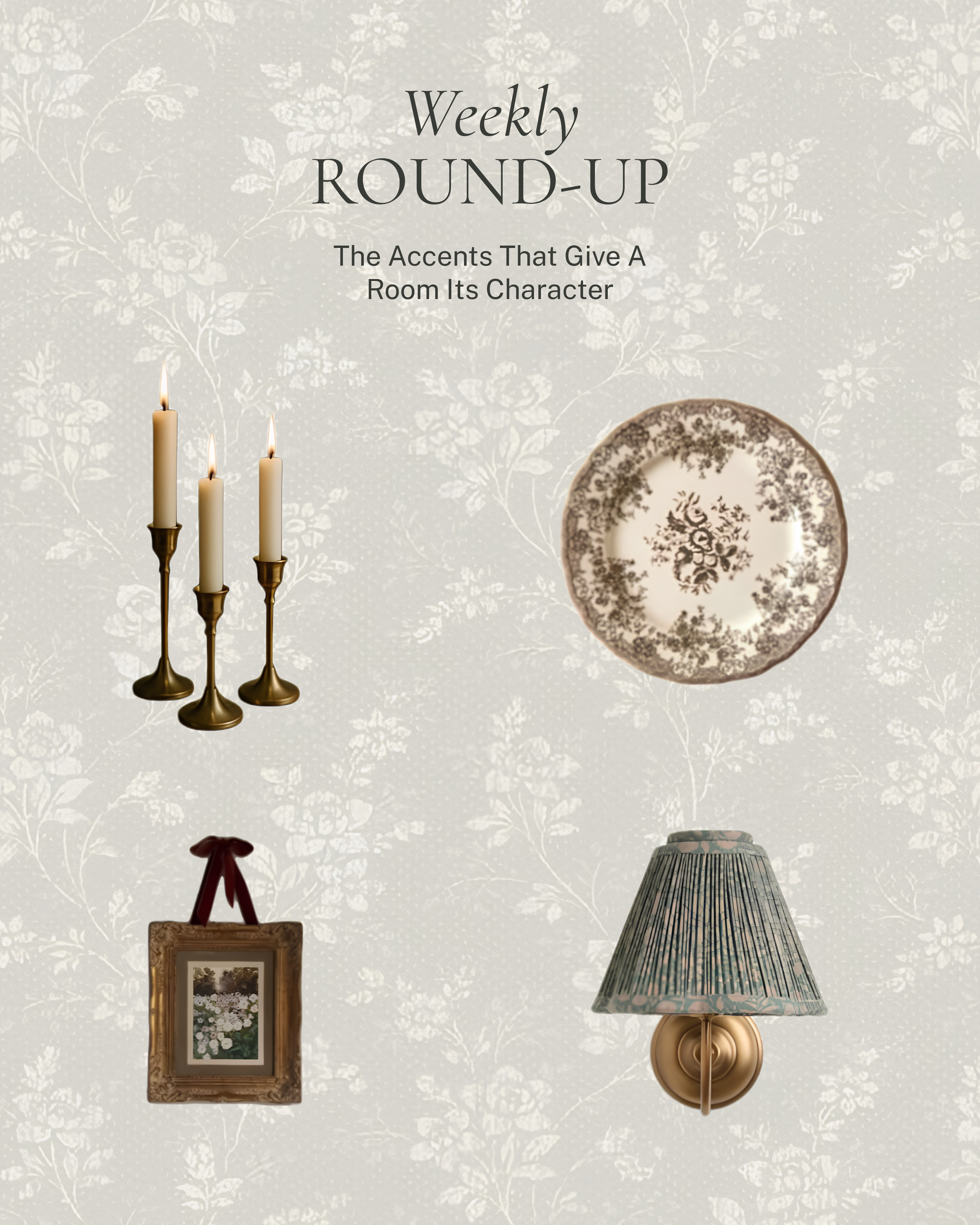 The accents that do more than you think ✨ 

A set of brass candlesticks, a floral transferware plate, a small gilded frame, and a pleated sconce, four pieces that add warmth, texture, and personality to any surface or wall. 

All linked here 🤍 

#LTKhome 

 